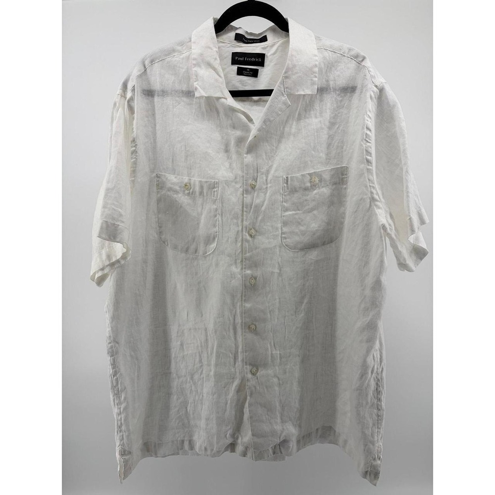 Paul Fredrick White Pure Linen Button Down Shirt, Classic Fit Pocket, Sz XL S200